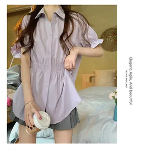 Chic lavender short-sleeved women's blouse featuring a slimming elastic waist design