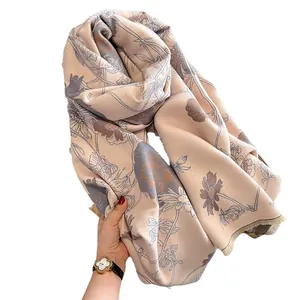 Elegant beige floral pashmina scarf shawl featuring water ink patterns and tassels