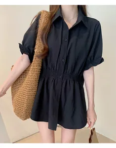 Short sleeve black shirt for women featuring slim-fit elastic waist and lapel collar