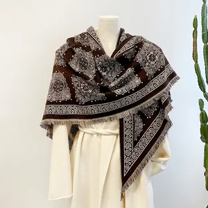 Imitation Cashmere Triangle Shawl Paisley Pattern Korean Style Winter Warm Office Scarf For Women With Elegant Tassels