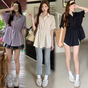 Women Casual Smocked Waist Short Sleeve Shirt Elegant Lapel Button Down Blouse Solid Color Slim Summer Polyester Top