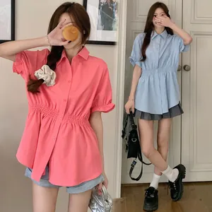 Fashionable women's cinched waist short sleeve blouse for summer slimming style