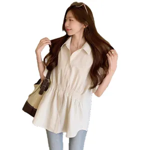 Women's stylish summer short sleeve shirt with flattering elastic waist in cream beige