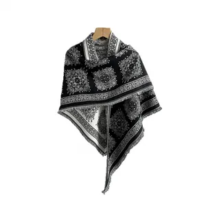 Elegant black and white paisley pattern pashmina shawl with fringe details