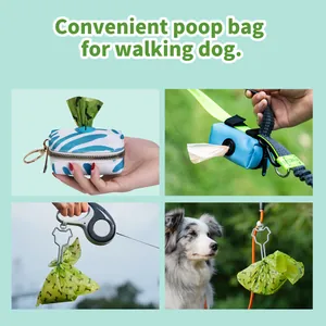 Four views showing convenient pet poop bag dispenser with leash attachment clip.