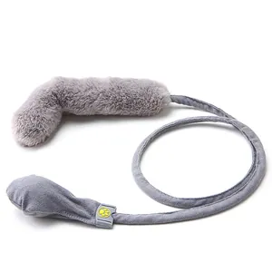 Interactive plush cat toy with manual air pump for playful movement on white background
