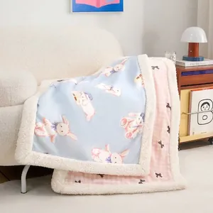 Reversible cute rabbit print fleece pet blanket for dogs and cats winter bed mat
