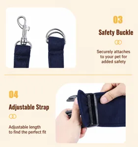 Detailed view of the pet carrier featuring a safety buckle and an adjustable shoulder strap