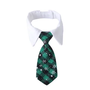 Gentleman style green plaid pet necktie collar with white snowflake print for dogs