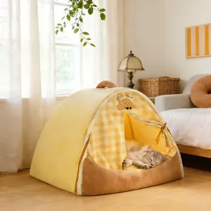 Enclosed Pet Tent House Warm Winter Cat Bed Indoor Small Dog Nest Cartoon Printed Plush Puppy Cave With Removable Cushion Cozy Pet Supplies