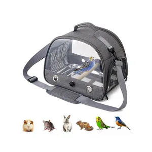 Detail view of portable bird carrier bag with clear window and a wooden perch inside