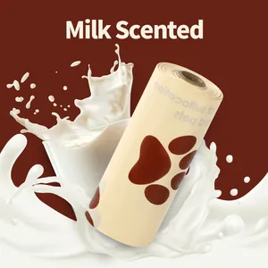 Close-up detail of milk scented pet waste bags featuring a brown paw print design