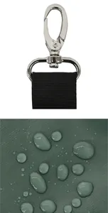 Detail of durable metal hook and waterproof fabric for hanging rabbit hay feeder bag