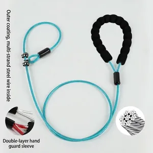 Detail of the multi-strand steel wire core in a heavy-duty blue dog slip lead.