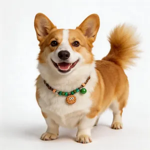Close-up of a colorful pet collar with a cute cookie pendant on a happy Corgi dog.