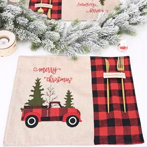 Festive Christmas placemat with red and black buffalo plaid truck design