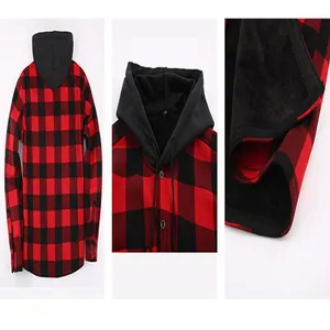 Détail de la chemise à capuche à carreaux rouge et noir pour homme avec doublure polaire
