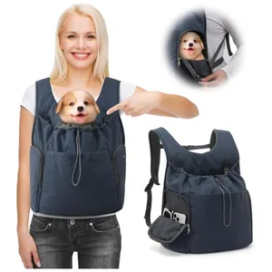 Detail view of dark blue breathable pet carrier backpack with side phone pocket
