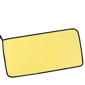 High-absorbent yellow microfiber pet bath towel with black hem and hanging loop