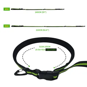 Detail view of adjustable reflective dog leash length and waist belt size.