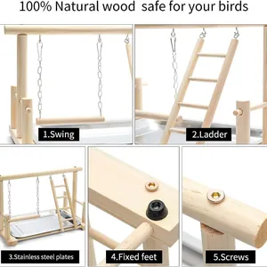 Close-up details of natural wood bird playstand including swing, ladder and steel tray