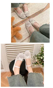 Detailansicht der atmungsaktiven beigen Mesh Mary Jane Ballerinas mit Schleifendekor