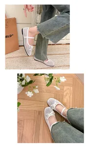 Detailansicht der weißen, atmungsaktiven Mesh-Mary-Jane-Ballerinas mit Schleife
