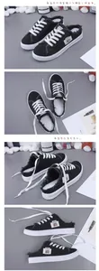 Detalle de cerca de mules de lona denim negra con bordes deshilachados y cordones blancos