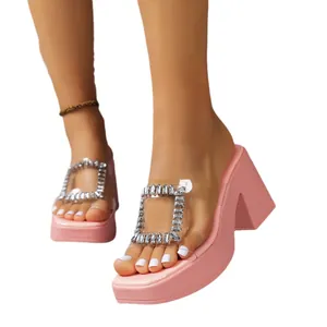 Elegant pink platform high heel slippers with rhinestone buckle and transparent strap