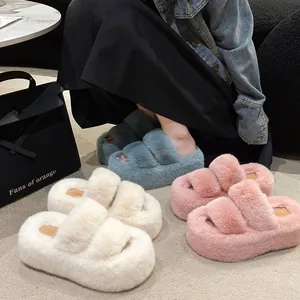 7cm Plateau-Hausschuhe aus Pelz in Blau, Rosa und Creme für schicken Herbst