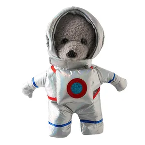 Funny dog astronaut costume standing suit for Halloween silver metallic pet outfit