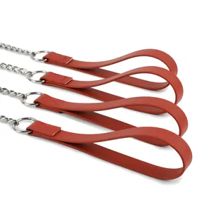 Professional red leather handle dog training leash with strong stainless steel P-chain