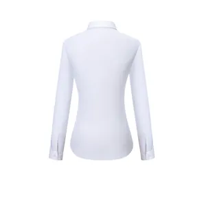 Professional white long sleeve slim fit blouse for women shown from the back view