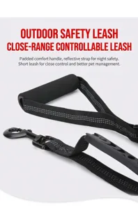 Close-up detail of reflective nylon dog leash featuring a soft dual padded handle for safety