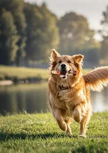 Dettaglio di un Golden Retriever che gioca all'aperto con un pollo di peluche per cani