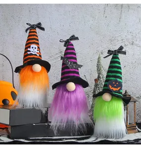 Set of three Halloween gnome plush dolls with striped wizard hats and long white beards