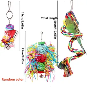 Parrot toys set including canvas shoe toy, paper shredder, and cotton rope perch