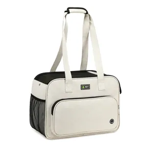 Durable beige portable pet carrier bag for cats and small dogs with mesh side pocket