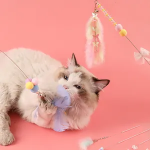 Dreamy Fairy Style Long Handle Cat Teaser Wand With Turkey Feather Lace Bow Bell Tassel Pearl Interactive Kitten Toy For Indoor Cats