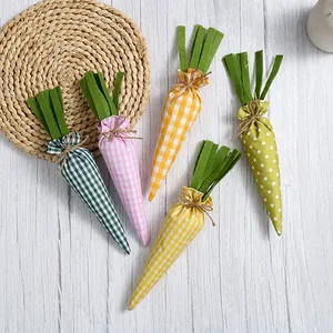 Easter Fabric Carrot Hanging Ornaments Plaid Polka Dot Cotton Carrot With Jute Bow Felt Leaf For Easter Party Scene Decoration Home Desk Ornament