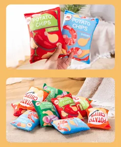 Detail of plush crinkle potato chip bag pet toy showing multiple flavors and colors