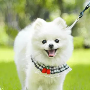 Set Pettorina e Guinzaglio per Animali a Quadretti con Pizzo e Ciliegie Anti-fuga Regolabile Traspirante per Gatti e Cani Piccoli
