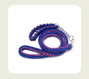 Vue détaillée de la laisse pour chien en nylon tressé à huit brins de couleur bleu et violette