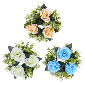 Set of three artificial rose candle ring wreaths in white blue and champagne