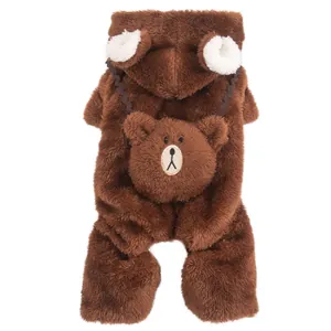 Flauschiger brauner Hunde-Einteiler mit Bären-Design, Kapuze und warmem Fleece-Futter