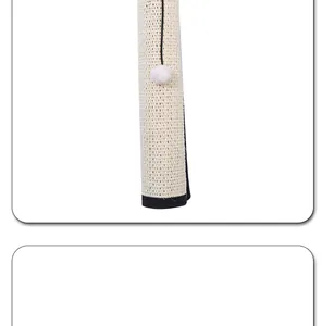 Detailed view of a durable sisal cat scratching mat with hanging white pom-pom toy.