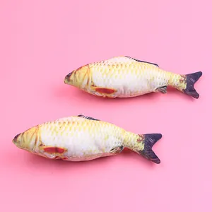 Lifelike simulation plush fish cat toys on a vibrant pink background for interactive pet playtime