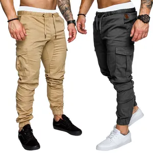 Detailed view of men's slim fit multi-pocket cargo pants in khaki and dark grey colors