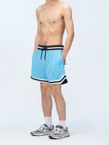 Men's blue mesh athletic shorts featuring a striped waistband and adjustable drawstring
