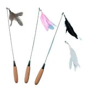 Set of three interactive cat wand toys with wooden handles and colorful feathers.